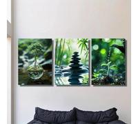Pintura de paisaje natural zen, arte de pared abstracto moderno para baño, árbol, rocas, brotes, bambú, agua para sala de estar, 50 x 70 cm x 3, sin marco