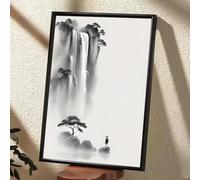 Pintura de paisaje simple con tinta y caligrafía, impresiones en lienzo, póster HD, arte de pared para pasillo, dormitorio, decoración del hogar, vacaciones (70 x 100 cm)