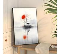 Pintura de paisaje simple con tinta y caligrafía, impresiones en lienzo, póster HD, arte de pared para pasillo, dormitorio, decoración del hogar, vacaciones (30 x 45 cm)