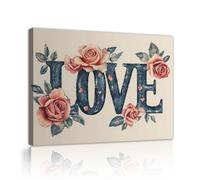 Pintura de pósters con cartel de Shabby Chic Enmarcado en lienzo rosas con hojas verdes florales pintura de pósters de tonos neutros mural romántico de amor para decoración de oficina 70x85cm