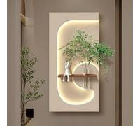 Pintura Decorativa de Pared en Arenisca con Luz LED, Esculturas Murales 3D Creativas con Florero y Planta Artificial, Decoración con Alimentación Eléctrica,Sin Marco(A,60*120cm/23.6*47.2in)