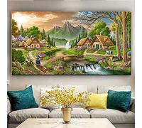 Pintura Diamante por Número Kits Cottage River Mountain Bricolaje 5D Diamond Painting Taladro Completo Rhinestone Bordado de Punto de Cruz Artes Lienzo Decoración de Pared Regalo 50x70cm