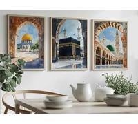 Pintura en acuarela de arquitectura de mezquita islámica, impresión en lienzo, caligrafía árabe musulmana, arte de pared, póster, decoración moderna para el hogar (50 x 75 cm, 3 piezas)