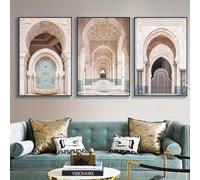 Pintura en lienzo con diseño de arquitectura islámica, impresión de patrones geométricos modernos, tonos neutros, decoración para sala de estar y hogar (50 x 70 cm, 3 piezas sin marco)