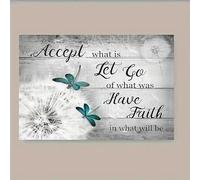 Pintura en lienzo con obra de arte Giclée: diente de león en blanco y negro y libélula verde azulado, arte de pared inspirador con "Aceptar, dejar" (60x90cm/24x25in) Sin marco