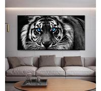 Pintura en lienzo de animales modernos, carteles e impresiones de cabeza de tigre en blanco y negro, cuadro artístico de pared para decoración de sala de estar, Cuadros 90x180cm (35x71in) sin marco