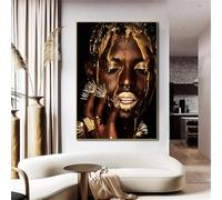 Pintura en lienzo de arte africano líquido en oro negro para mujer, mural de pared, imagen de mujer, póster de decoración de lujo para el hogar (60 x 85 cm)