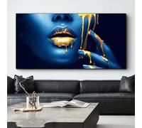 Pintura en lienzo de labios de mujer sexy dorada africana, carteles e impresiones de cara azul, cuadro artístico de pared para decoración de sala de estar, Cuadros 90x180cm (35x71 pulgadas) sin marco