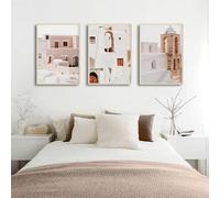 Pintura en lienzo de paisaje urbano griego de Santorini, arquitectura retro, arte de pared, póster minimalista moderno imprimible, decoración del hogar (60 x 80 cm/3 piezas sin marco)