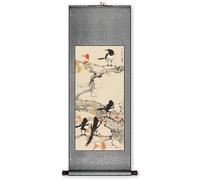 Pintura en rollo, Pintura de pergamino arte auspicioso urraca, colgante pared hecho a mano chino, decoración Feng Shui del pasillo(Retro color E,59L x 148W cm)