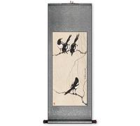 Pintura en rollo, Pintura de pergamino arte auspicioso urraca, colgante pared hecho a mano chino, decoración Feng Shui del pasillo(Retro color C,59L x 148W cm)