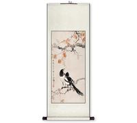 Pintura en rollo, Pintura de pergamino arte auspicioso urraca, colgante pared hecho a mano chino, decoración Feng Shui del pasillo(Creamy white A,59L x 148W cm)