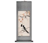 Pintura en rollo, Pintura de pergamino arte auspicioso urraca, colgante pared hecho a mano chino, decoración Feng Shui del pasillo(Retro color A,59L x 148W cm)