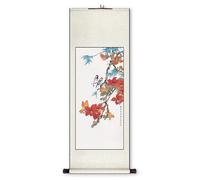 Pintura en rollo, Pintura de pergamino pájaro flor china, arte tradicional hecho a mano del pasillo, decoración Feng Shui dormitorio(Creamy White D,40L x 119W cm)