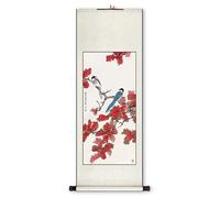 Pintura en rollo, Pintura de pergamino pájaro flor china, arte tradicional hecho a mano del pasillo, decoración Feng Shui dormitorio(Creamy White C,40L x 119W cm)
