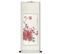 Pintura en rollo, Pintura de pergamino pájaro flor china, arte tradicional hecho a mano del pasillo, decoración Feng Shui dormitorio(Creamy White F,59L x 148W cm)