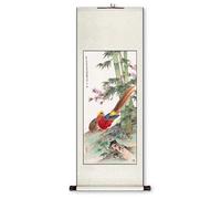 Pintura en rollo, Pintura de pergamino pájaro flor china, arte tradicional hecho a mano del pasillo, decoración Feng Shui dormitorio(Creamy White B,59L x 148W cm)