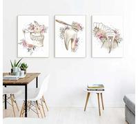 Pintura Floral artística de anatomía de los dientes,carteles de odontología en acuarela,fotos de pared para decoración de clínica dental,impresiones en lienzo de salud bucal 40x60cmx3 Sin Marco