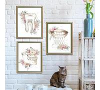 Pintura Floral artística de anatomía de los dientes,carteles de odontología en acuarela,fotos de pared para decoración de clínica dental,impresiones en lienzo de salud bucal 60x80cmx3 Sin Marco