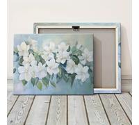 Pintura floral blanca sobre impresión inspirada en John Singer Sargent en suaves tonos azul verdoso para decoración de sala de estar y dormitorio. Obra de arte de 35x55cm con marco interior.