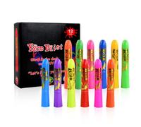 Pintura Fluorescente para Cara y Cuerpo, Kit de 12 Ceras de Neón UV Lavables, No Tóxicas Maquillaje Brillante en la Oscuridad, Para Halloween, Fiestas de Disfraces, Festival y Mardi Gras