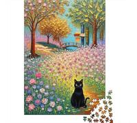 Pintura Gato jardín Escena Rompecabezas 1000 Piezas Acertijos Inteligentes Decoración Familiar Adultos Papel Regalo Hombre Mujer Navidad 70x50cm/1000pcs