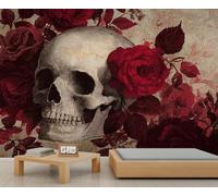Pintura mural de calavera gótica, rosas rojas y texturas vintage, arte para paredes único para decoración alternativa del hogar 100x100cm (No es autoadhesivo)