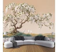 Pintura oriental con tinta Wall Murals, Árbol de flores colgantes Garza Non-self-adhesive Beige - Gran Foto Mural para Sala de Estar, Dormitorio y Oficina 200x140cm