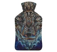 Pintura ornamental de lobo botella de agua de goma con cubierta de felpa suave, bolsa de agua caliente para invierno, manos y pies, protección contra el frío, 1000 ml