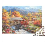 Pintura Paisaje Otoño Rompecabezas Regalo 1000 Piezas Adultos Puente Cubierto Montañas Arroyo Premium Grueso Resistente Vibrante Desafiante Difícil Alivio Estrés 52x38cm/1000pcs