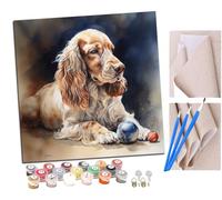 Pintura por Números Adultos Cocker Spaniel y una pelota de béisbol (4) Pintura acrílica con Pinceles Adultos Kit de Pintura por Números Artesanía para Regalos de Lona para el Hogar 40 x 40 cm