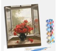 Pintura por Números Moderna DIY Kit de Pintar con Números sin Marco 40x50cm Pintura al óleo de Lienzo con Pinceles y Pigmento Acrílico para Adultos Rosas rojas en un jarrón junto a la ventana.