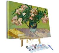 Pintura por números para adultos, adelfas y libros de Vincent Van Gogh enmarcado y caballete, kits de pintura por números para adultos para principiantes sobre lienzo,