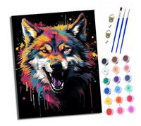 Pintura por números para adultos para principiantes 40 x 50 cm kit Lobo colorido con lienzo sin arrugas pinceles y pintura acrílica al óleo（Con marco） para regalo decoración del hogar