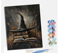 Pintura por números para adultos para principiantes kit con Con marco lienzo sin arrugas pinceles y pintura acrílica al óleo para regalo decoración del hogar Libro de hechizos y sombrero de bruja