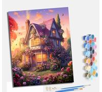 Pintura por números para adultos para principiantes kit con Con marco lienzo sin arrugas pinceles y pintura acrílica al óleo para regalo decoración del hogar Cabaña de ensueño en el jardín de flores