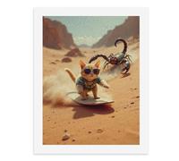 Pintura por números para adultos: un gato con gafas de sol y una camisa está surfeando en el desierto, con un escorpión persiguiendo detrás, para decoración de pared del hogar, 12 x 16 pulgadas