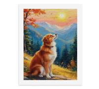 Pintura por números para adultos, un perro sentado en una roca, mirando al sol, con hojas de otoño alrededor, para decoración de pared del hogar, 30 x 40 cm