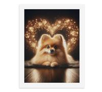 Pintura por números para adultos, una pomerania marrón esponjosa tumbada en un suelo de madera con brillantes destellos en forma de corazón detrás de él, para decoración de pared del hogar, 12 x 16