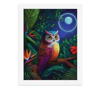 Pintura por números, un búho colorido posado en una rama bajo una luna llena, kit de pintura digital para adultos, crea tu propia escena mágica, suministros de arte sin marco, 40 x 50 cm