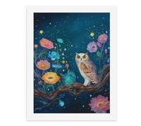 Pintura por números, un búho colorido posado en una rama entre flores vibrantes bajo cielos nocturnos estrellados, kit de pintura digital para adultos, crea tu propia escena mágica, suministros de