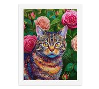Pintura por números, un colorido gato atigrado rodeado de rosas, kit de pintura digital para adultos, crea tu propia escena mágica, suministros de arte sin marco, 40 x 50 cm