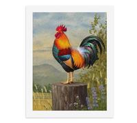 Pintura por números, un gallo colorido se coloca orgullosamente en un tocón de árbol en un campo vibrante, kit de pintura digital para adultos, crea tu propia escena mágica, suministros de arte sin