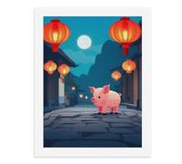 Pintura por números, un lindo cerdo se coloca en una calle adoquinada bajo linternas rojas, kit de pintura digital para adultos, crea tu propia escena mágica, suministros de arte sin marco, 40 x 50 cm