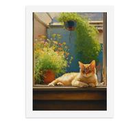 Pintura por números, un lindo gato naranja descansando en el alféizar de una ventana con flores coloridas en macetas kit de pintura digital para adultos, crea tu propia escena mágica, suministros de