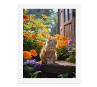 Pintura por números, un lindo gato naranja sentado en un escalón de piedra rodeado de flores vibrantes, kit de pintura digital para adultos, crea tu propia escena mágica, suministros de arte sin marco