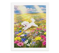 Pintura por números, un lindo perro blanco corriendo en un campo de flores coloridas, kit de pintura digital para adultos, crea tu propia escena mágica, suministros de arte sin marco, 40 x 50 cm