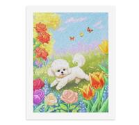 Pintura por números, un lindo perro blanco corriendo en un colorido campo de flores, kit de pintura digital para adultos, crea tu propia escena mágica, suministros de arte sin marco, 40 x 50 cm