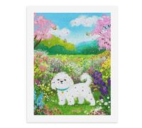 Pintura por números, un lindo perro blanco en un colorido campo de flores, kit de pintura digital para adultos, crea tu propia escena mágica, suministros de arte sin marco, 40 x 50 cm