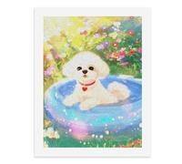 Pintura por números, un lindo perro blanco flotando en una piscina azul rodeado de flores coloridas, kit de pintura digital para adultos, crea tu propia escena mágica, suministros de arte sin marco